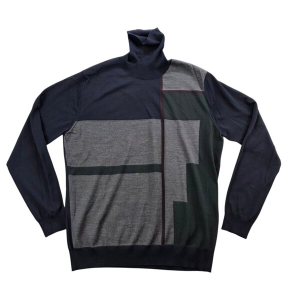 Corneliani Made in Italy 100% Virgin Wool Turtleneck Sweater Color Block 54 XL - Picture 1 of 9